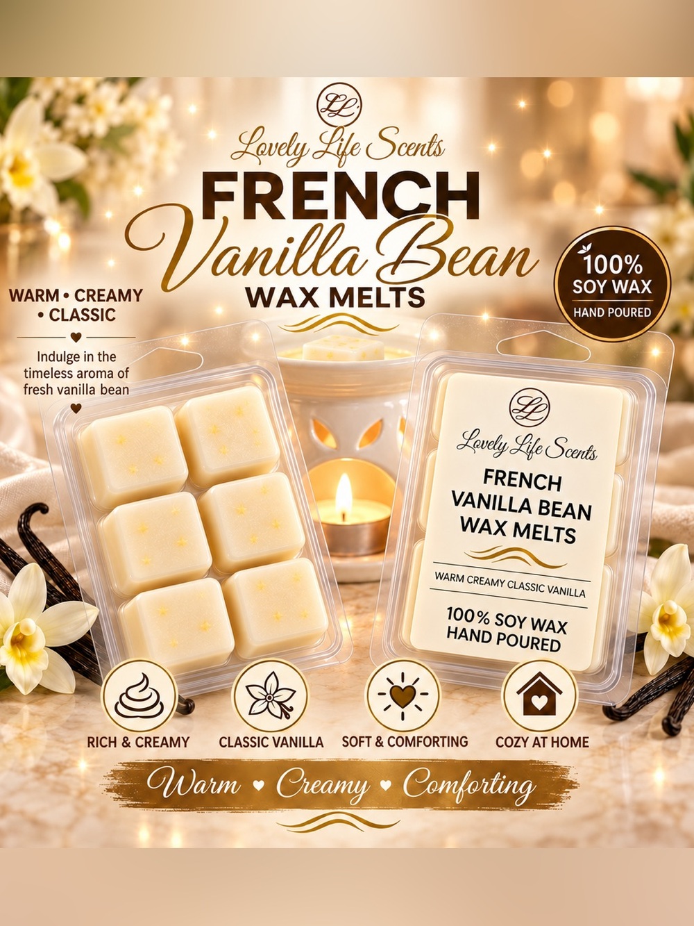Hand Crafted French Vanilla Bean Premium Soy Wax Melts by Lovely Life Scents
